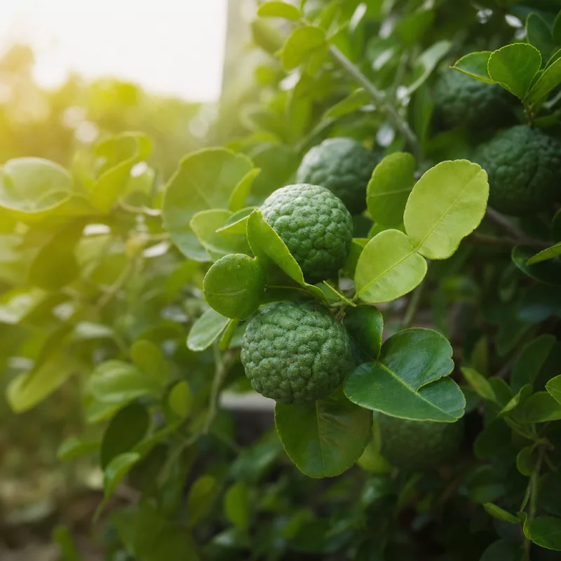 Каффир-лайм (Citrus hystrix) с бугристыми плодами и ароматными листьями