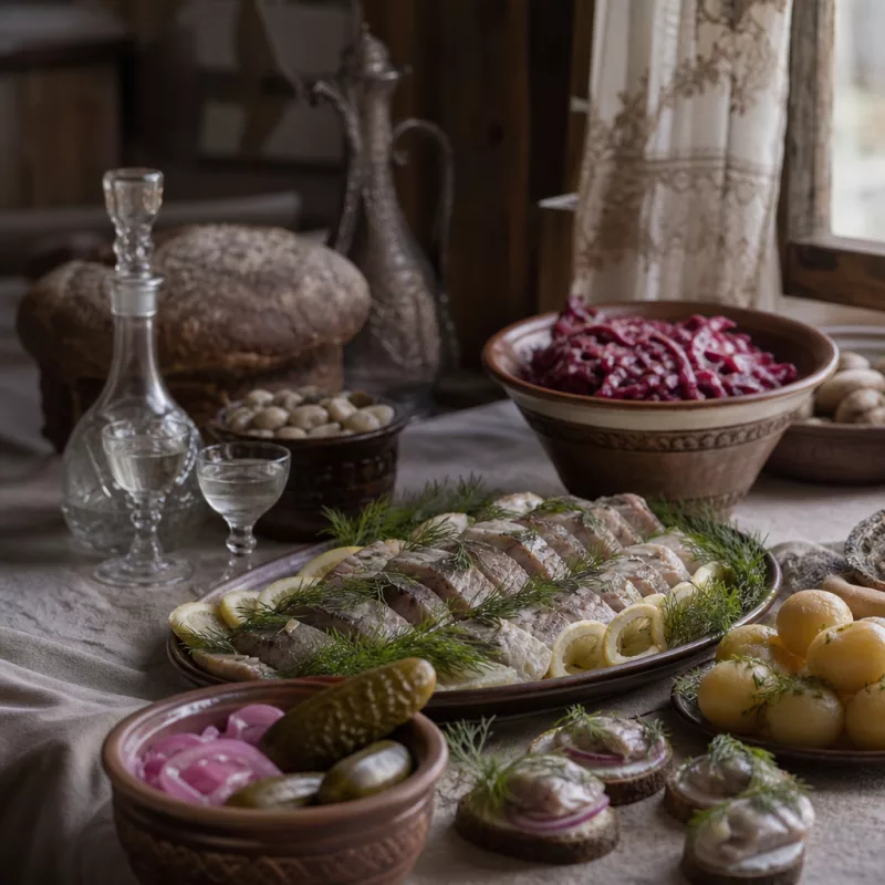 Закуска на русском столе от хлеба к закусочному столу