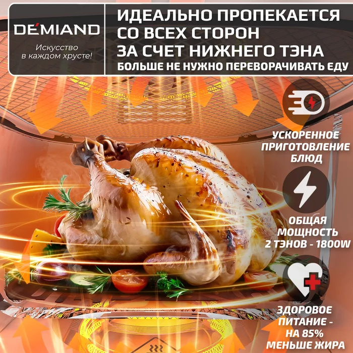Аэрогриль Demiand CRISPO с технологией обдува воздуха на 360°, с функциями фритюрницы, гриля