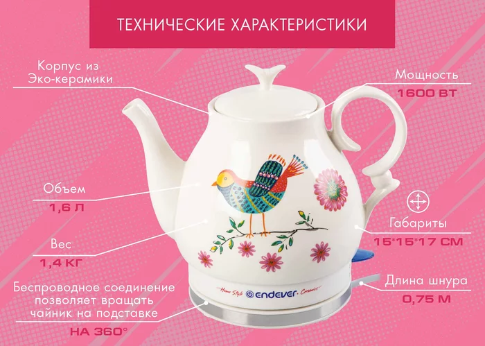 Чайник электрический керамический Endever KR-410C