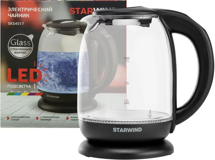 Чайник электрический Starwind SKS4517 1.7л. 2200Вт черный корпус: стекло/пластик