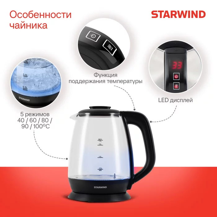 Чайник электрический Starwind SKS3036 1.7л. 2200Вт черный корпус стекло