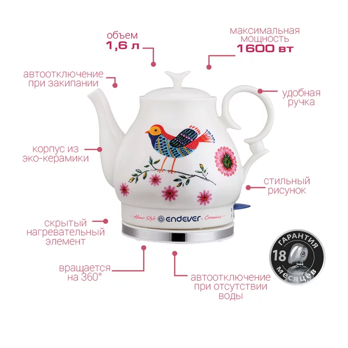 Чайник электрический керамический Endever KR-410C