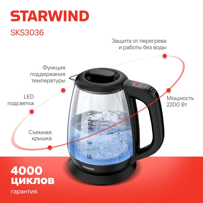 Чайник электрический Starwind SKS3036 1.7л. 2200Вт черный корпус стекло