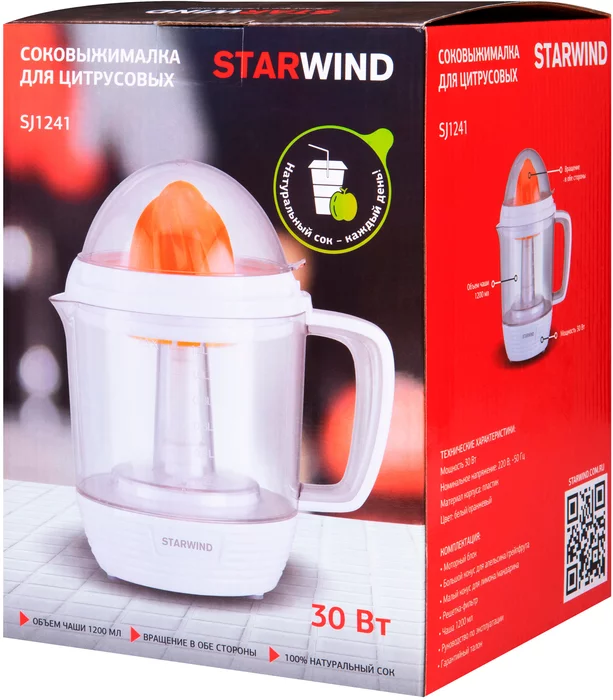 Соковыжималка цитрусовая Starwind SJ1241 30Вт рез.сок./1200мл. белый/прозрачный