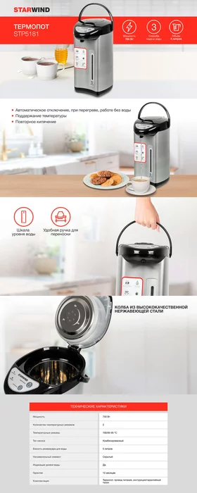 Термопот Starwind STP5181 5л. 750Вт черный/серебристый