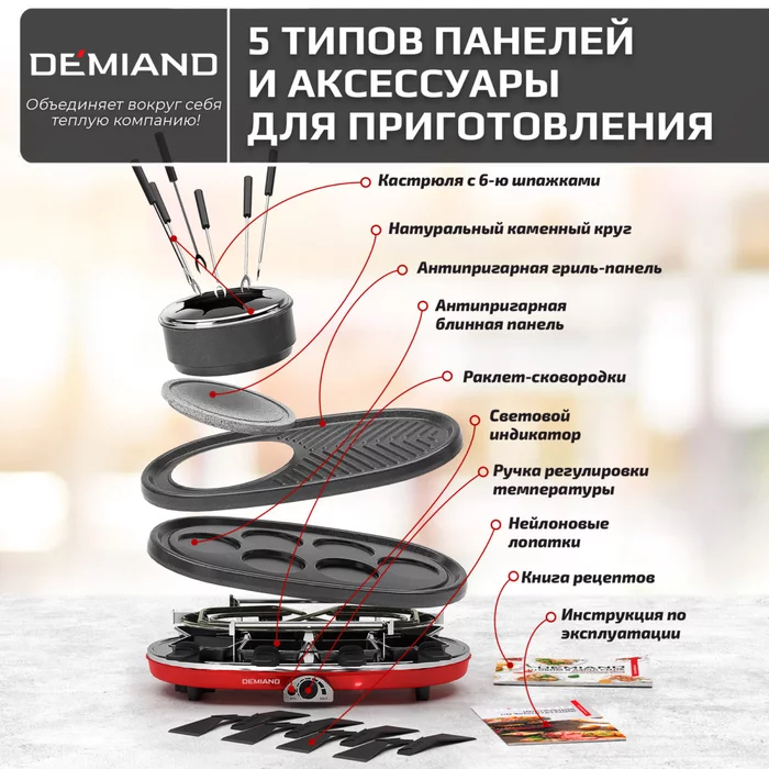 Раклетница-Гриль-Фондю Demiand 5 в 1, 8 раклет-сковородок, каменный круг, панель для блинчиков 