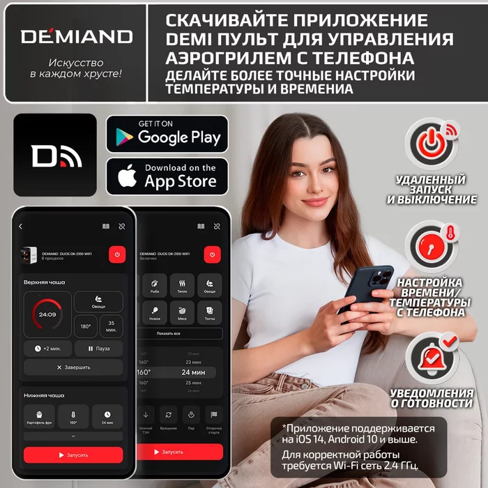 Аэрогриль с двумя чашами Demiand DUOS c Wifi управлением, с горячим обдувом воздуха на 360°