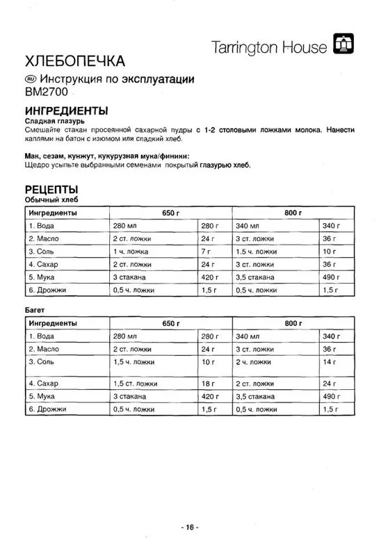 Инструкция к хлебопечке Tarrington House BM 2700