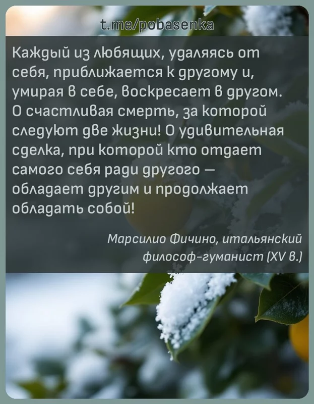 «Каждый из любящих, удаляясь от себя, приближается к другому и, умирая в себе, воскресает в другом. О счастливая смерть, за...» height="550" width="550"