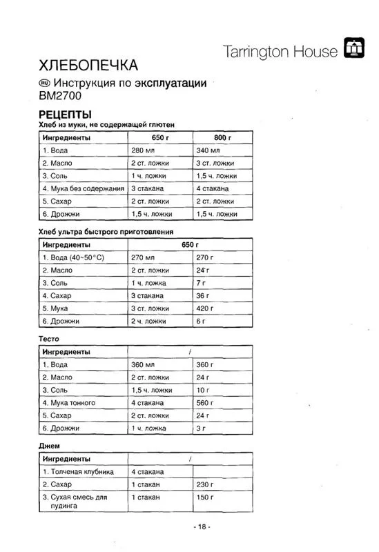Инструкция к хлебопечке Tarrington House BM 2700