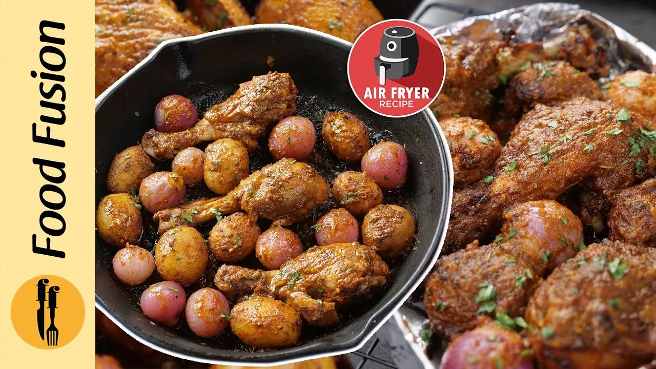 Roasted Chicken Legs with Baby onion & Potatoes in Air fryer Recipe by Food Fusion