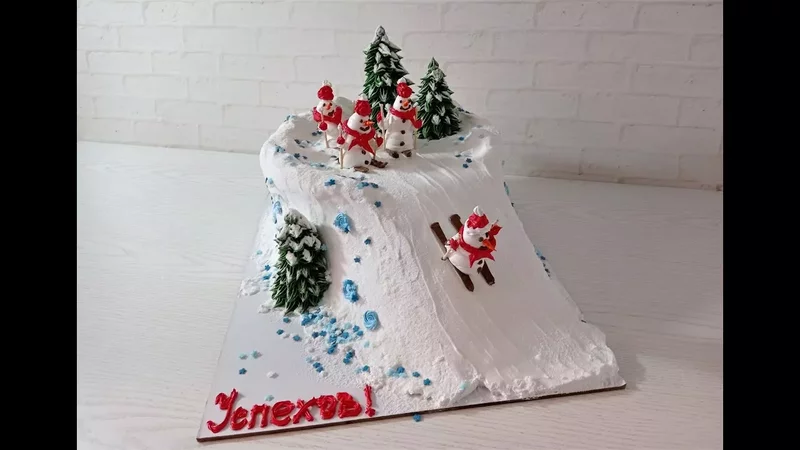 украшение ЗИМНЕГО ТОРТА! торт на Новый Год! Торт СНЕГОВИКИ на ГОРКЕ! Украшение БЗК.  WINTER CAKE